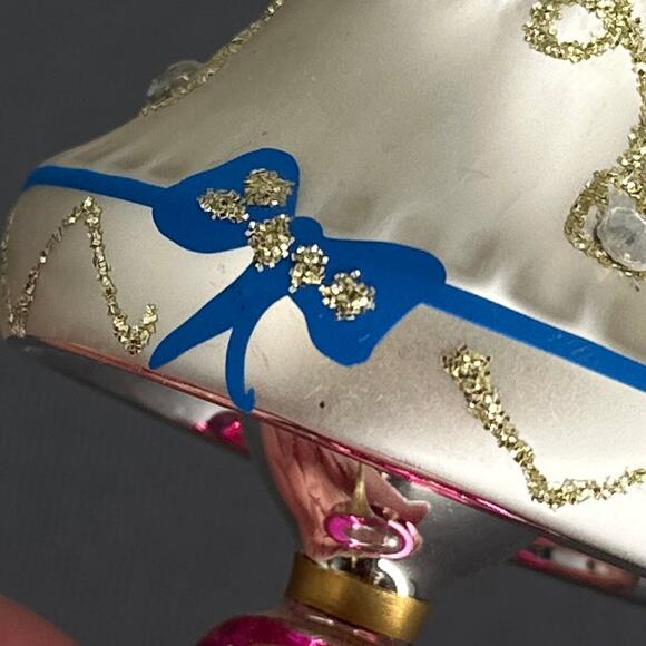 Vtg Italian Glass Lamp Ornament 5" Ivory Pink Blue Gold Bird Charm Christmas 60s - Picture 10 of 16